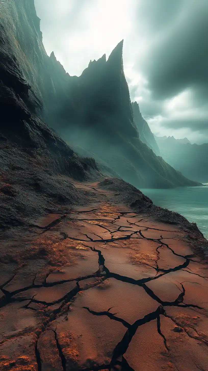 Sun blasted desert merging with stormy alpine fjords