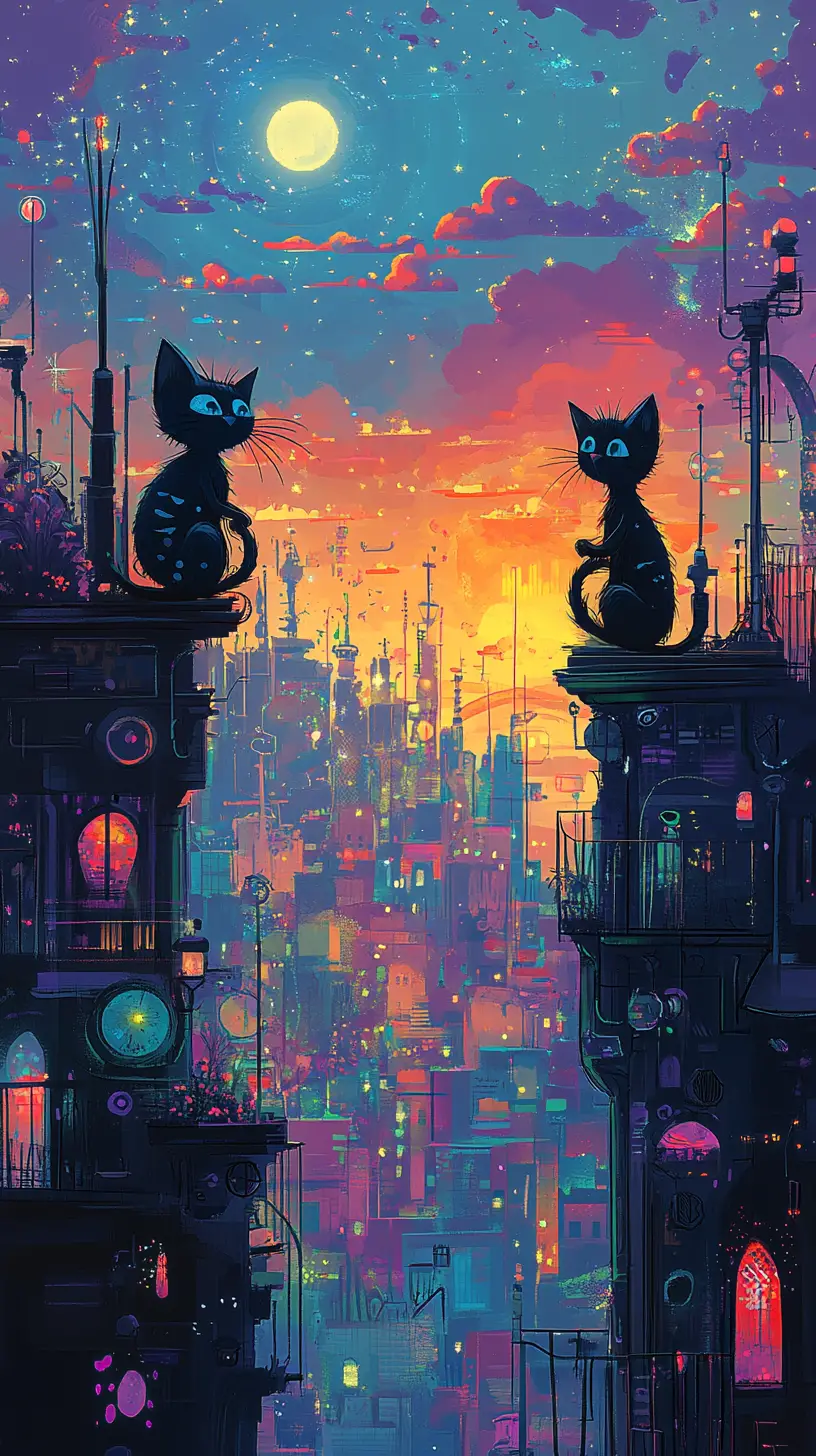 Whimsical feline couple dancing in a colorful cityscape