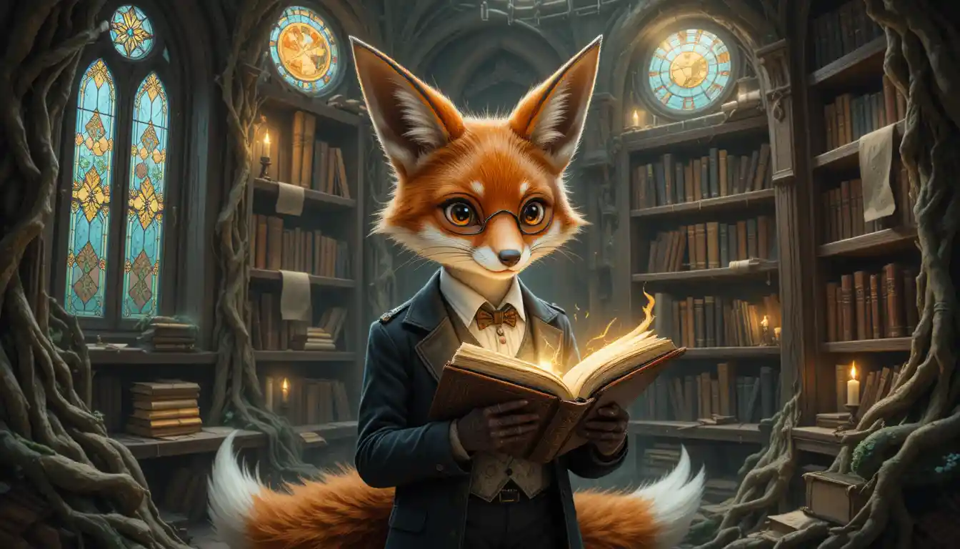 Gentleman fox reading a glowing book in root library