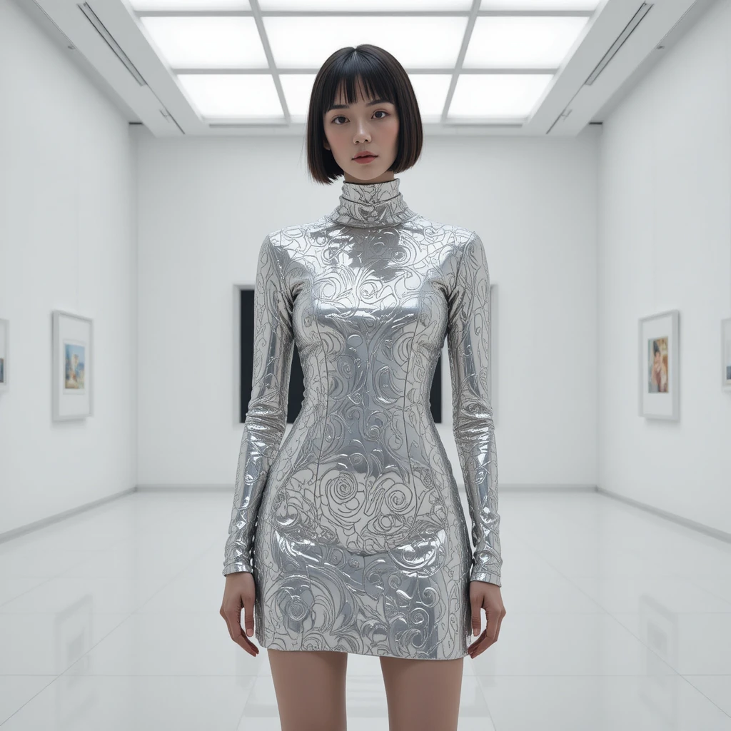 Korean fashion model in metallic silver babydoll dress