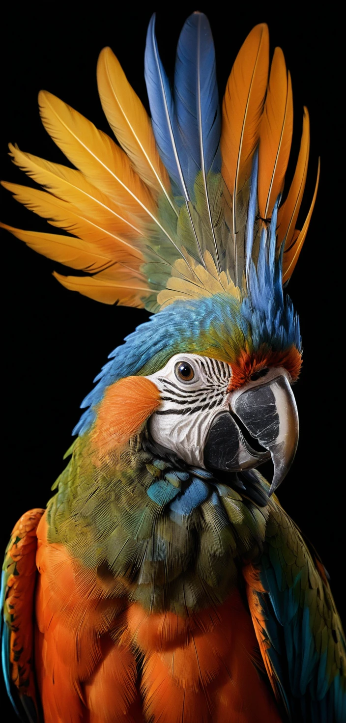 Primo piano di un pappagallo colorato sotto una luce da studio drammatica