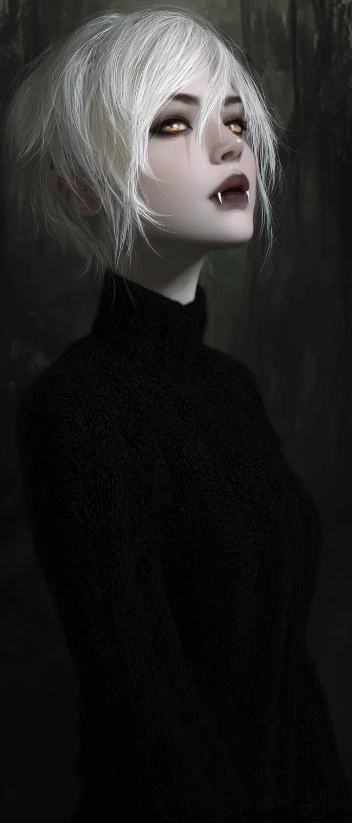 Serene gothic vampire woman with golden eyes