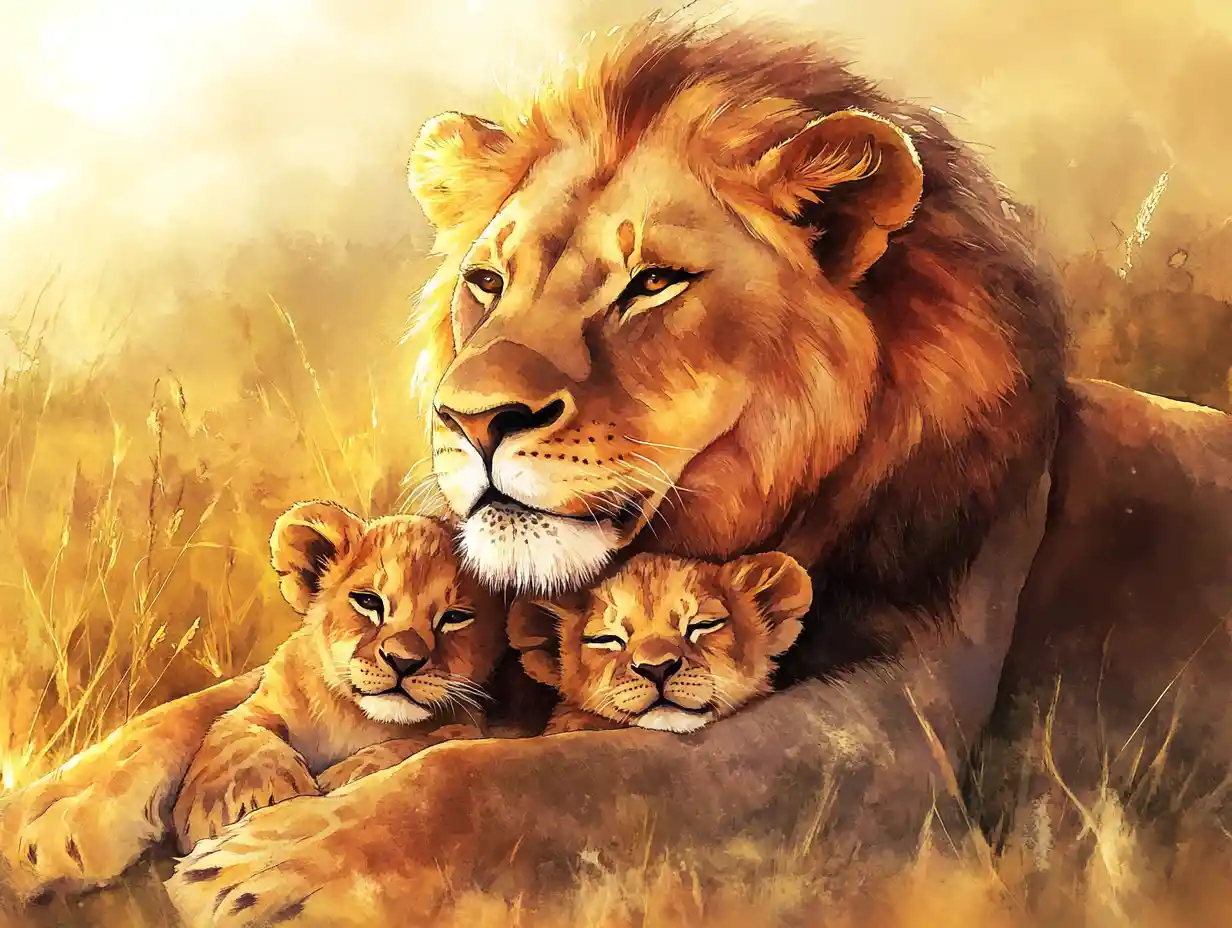 Lioness Resting With Her Two Cubs In Soft Watercolor