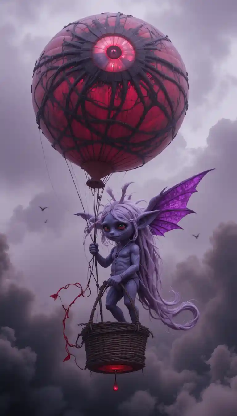 Sad neon creature clinging to a dark floating balloon
