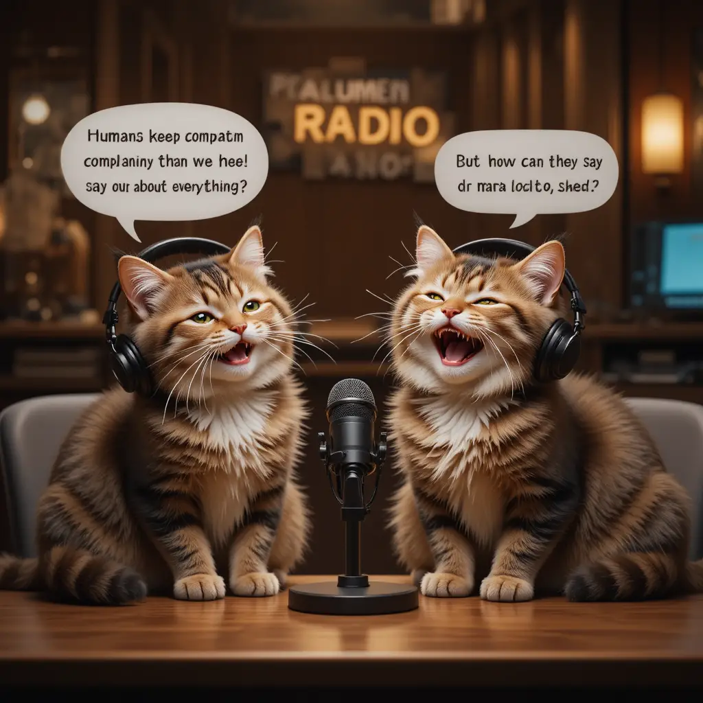 Two cats hosting a cozy late night pet radio show