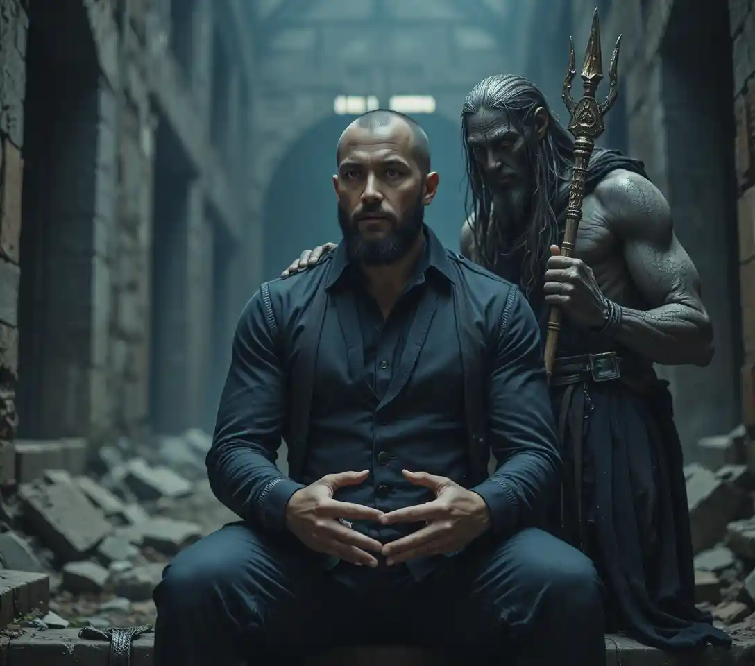 Man holding a female skeleton in a dark ruined interior
