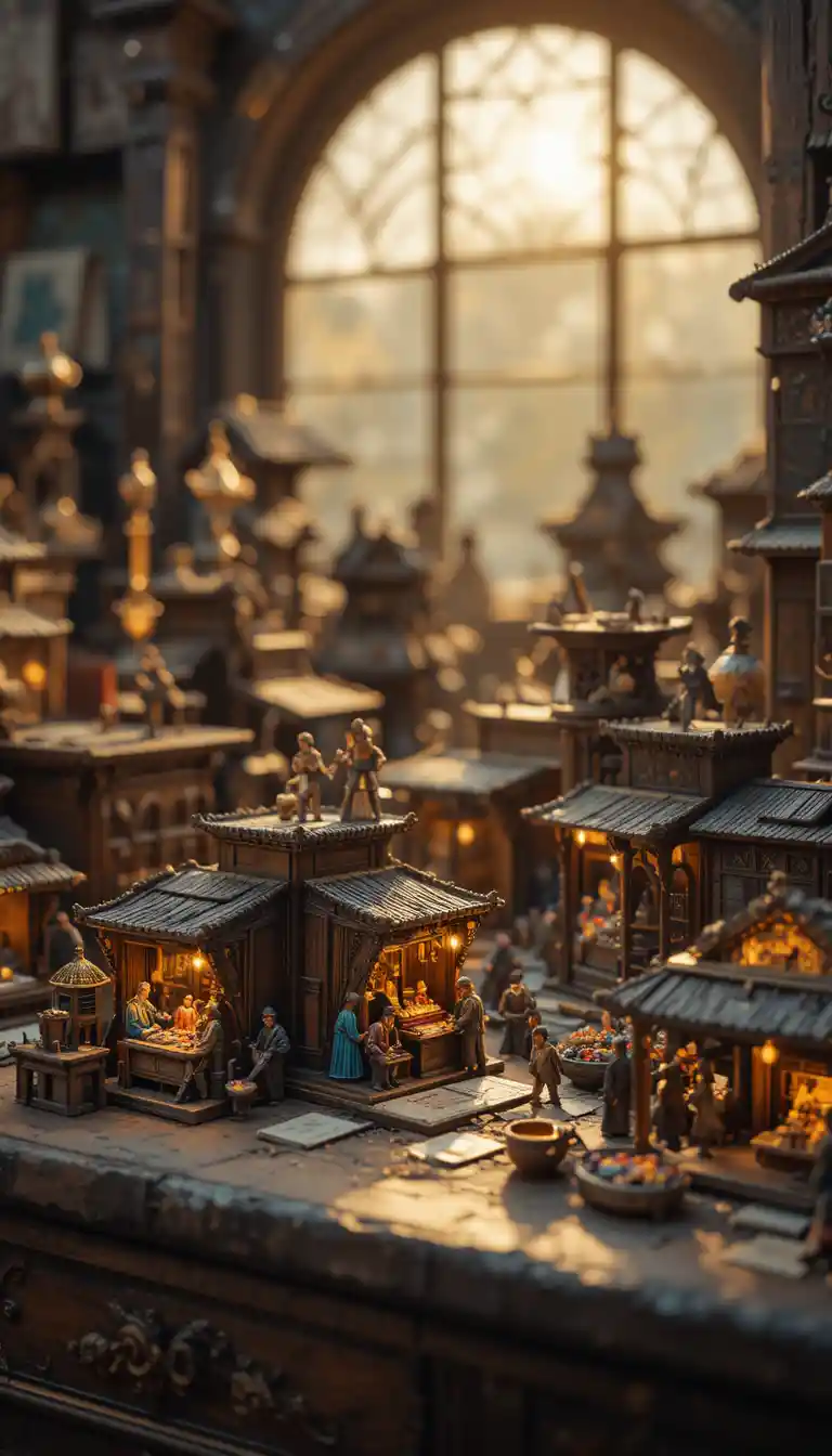 Miniature Medieval Market Stalls In Warm Golden Light