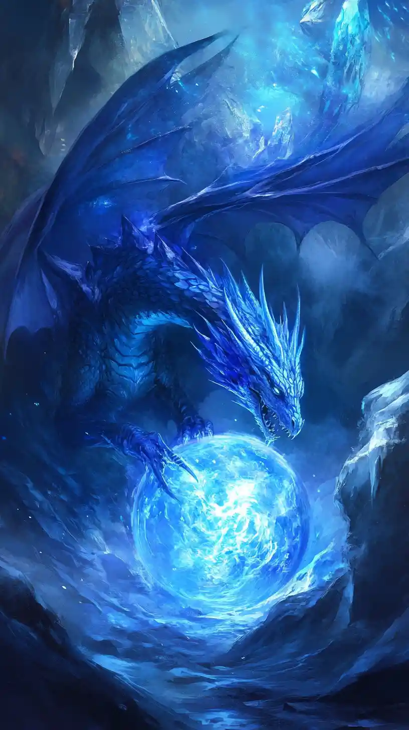 Ethereal dragon rising from a glowing crystal sphere