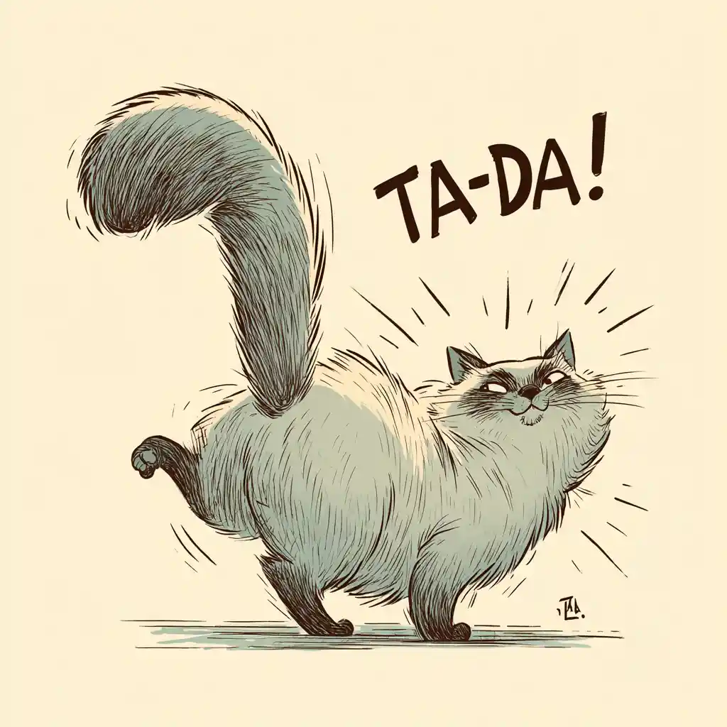 Playful cartoon cat cheekily presenting its backside with text