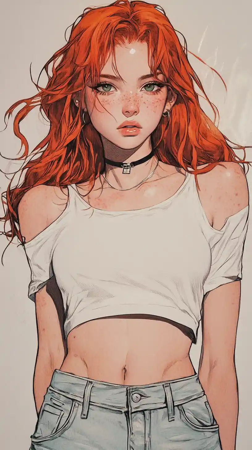 Red haired anime girl in cropped shirt low angle portrait
