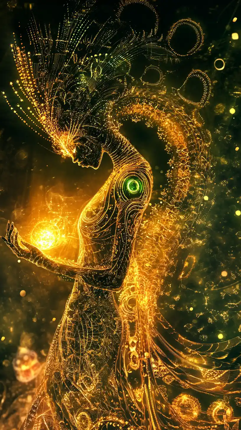 Luminescent spirit transforming into a mythical serpent being