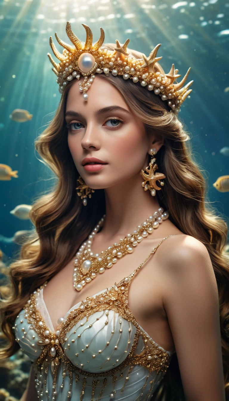 Sereia coroada de ouro em um recife de corais luminoso