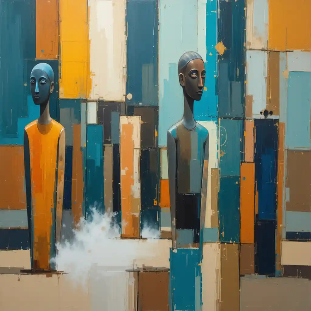 Abstract Sudanese inspired oil painting with vertical flowing forms