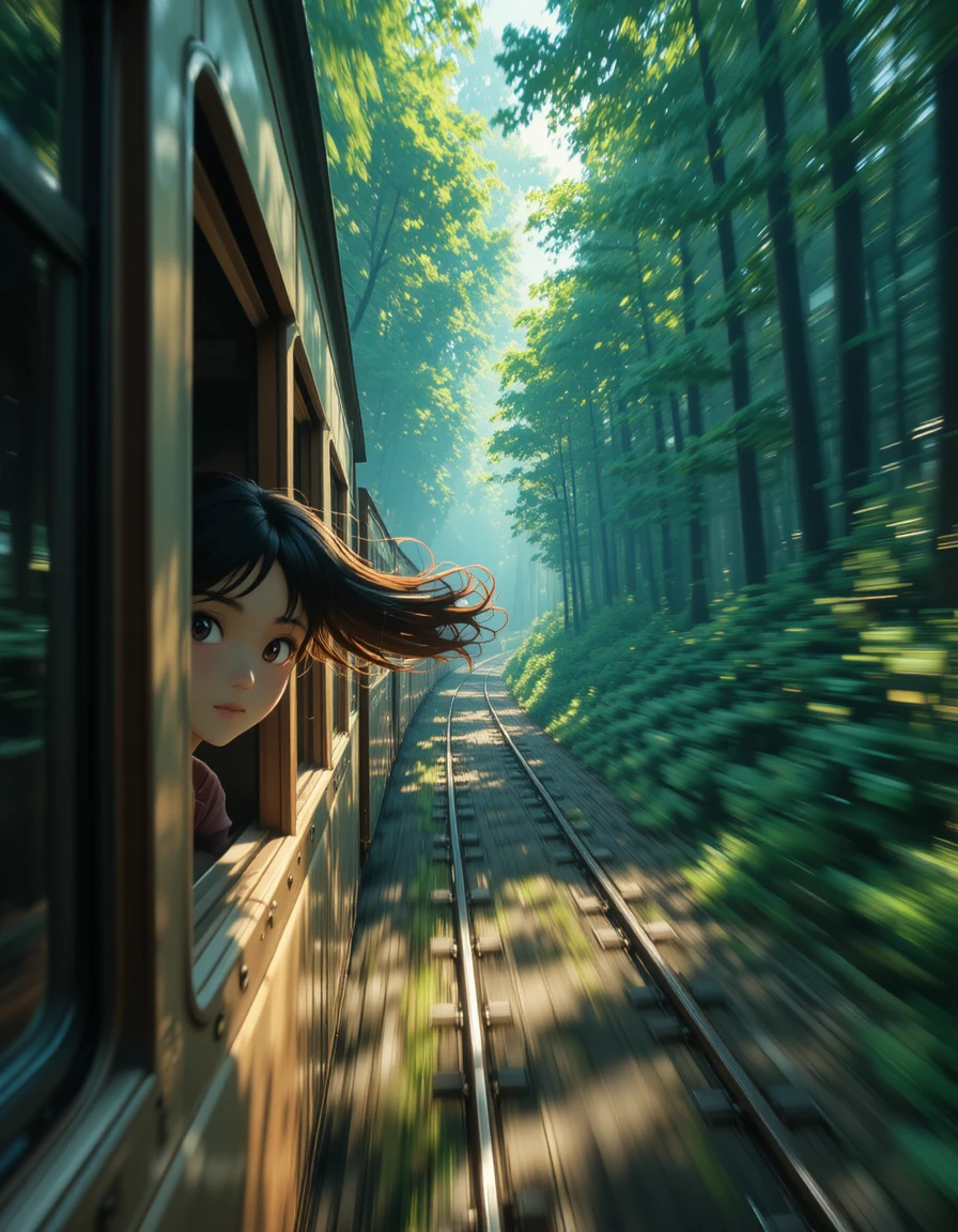 夏の陽光差し込む森を走る列車のアニメ少女