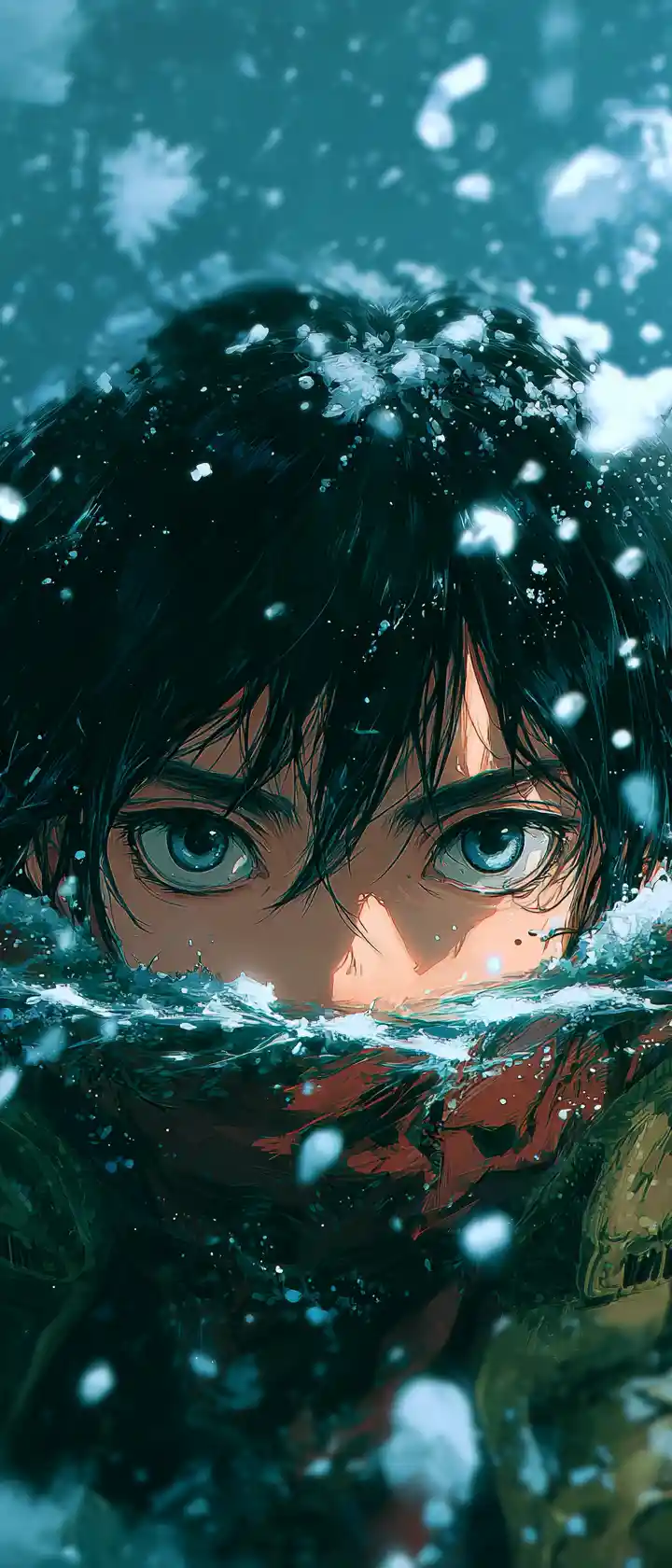 Anime man gazing from water in falling winter snow