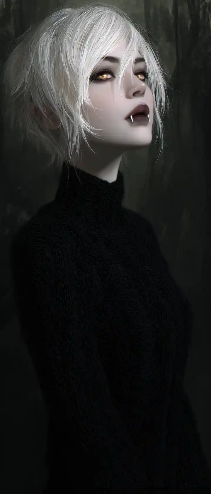 Serene gothic vampire woman with golden eyes