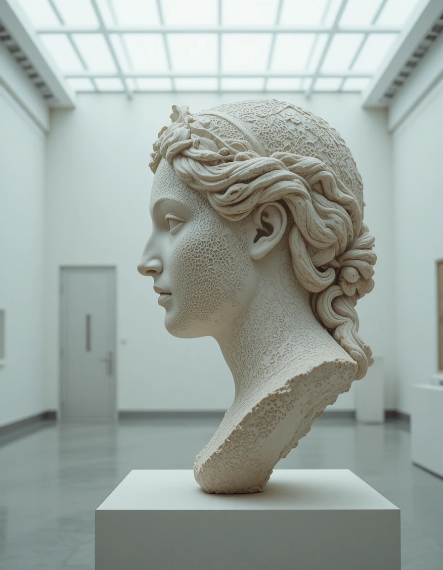 Vista laterale di scultura femminile greca in museo luminoso