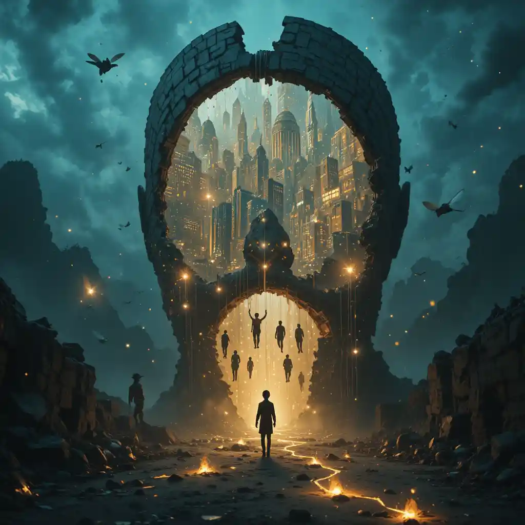 Giant mask cracked open to reveal a surreal city
