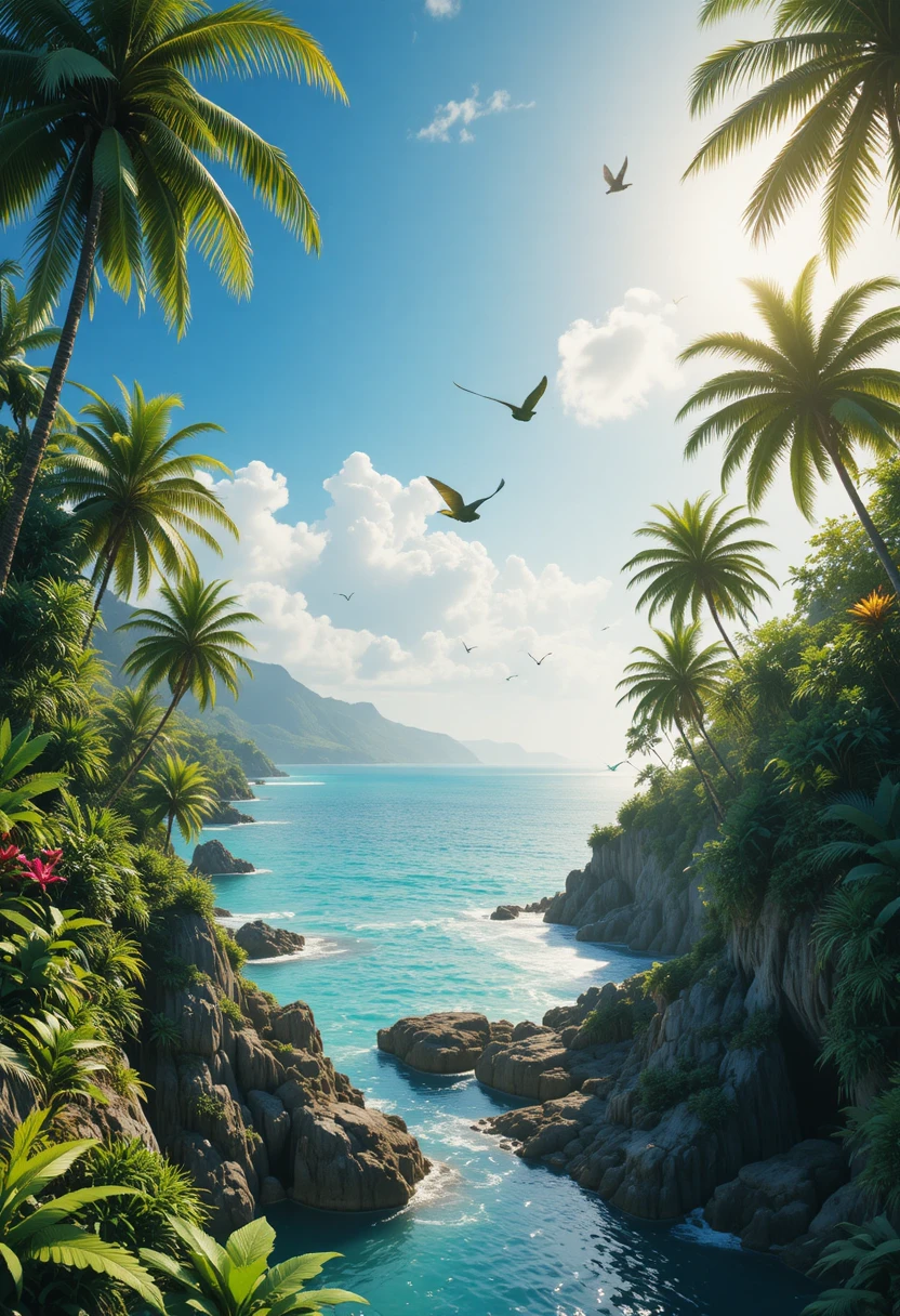 Aerial view of a lush tropical island with turquoise sea