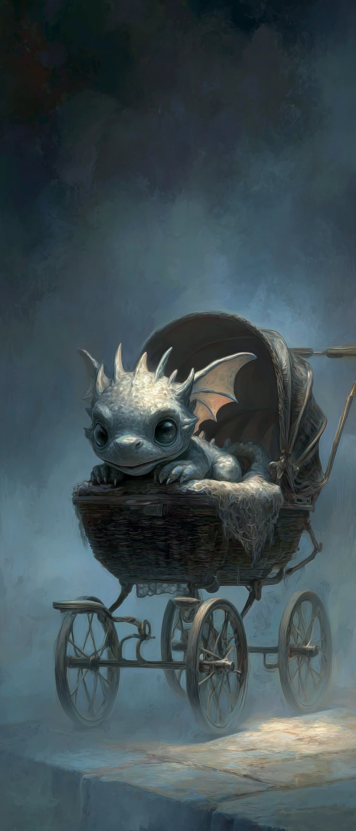 Melancholic baby dragon in a worn victorian pram