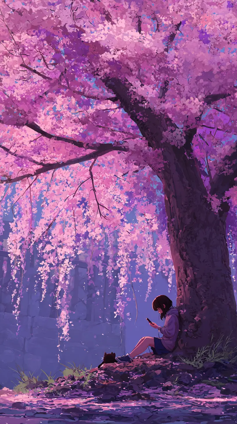 Sleeping cat under cherry tree with girl listening to music