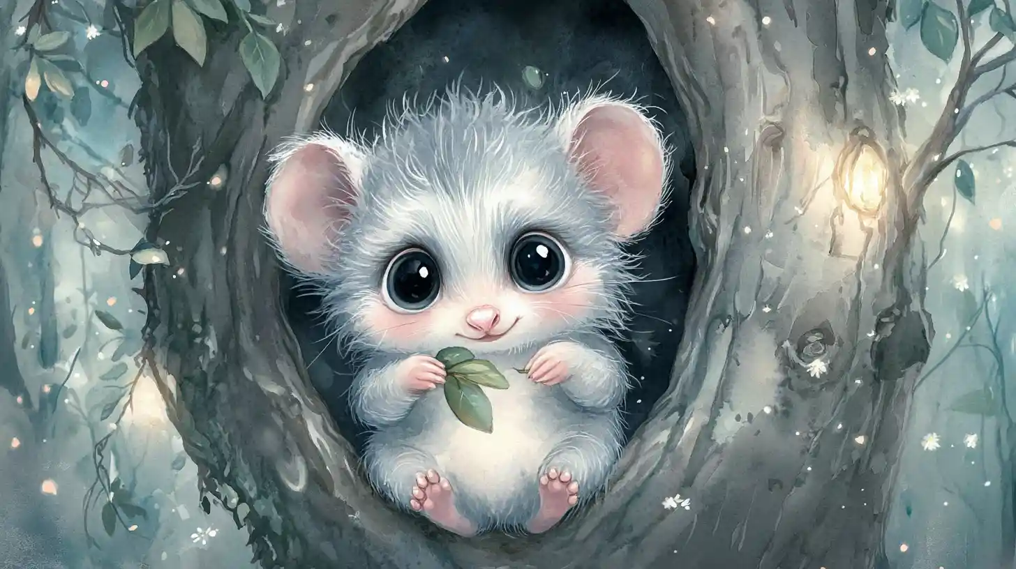 Cute baby opossum in a moonlit watercolor forest hollow