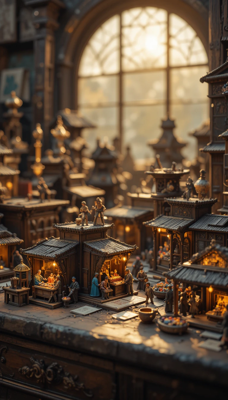 Miniature Medieval Market Stalls In Warm Golden Light