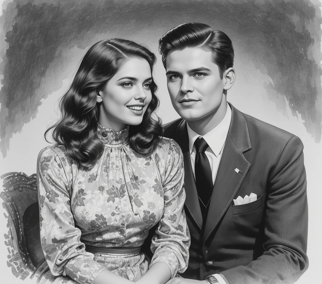 Romantic black and white couple in vintage watercolor scene