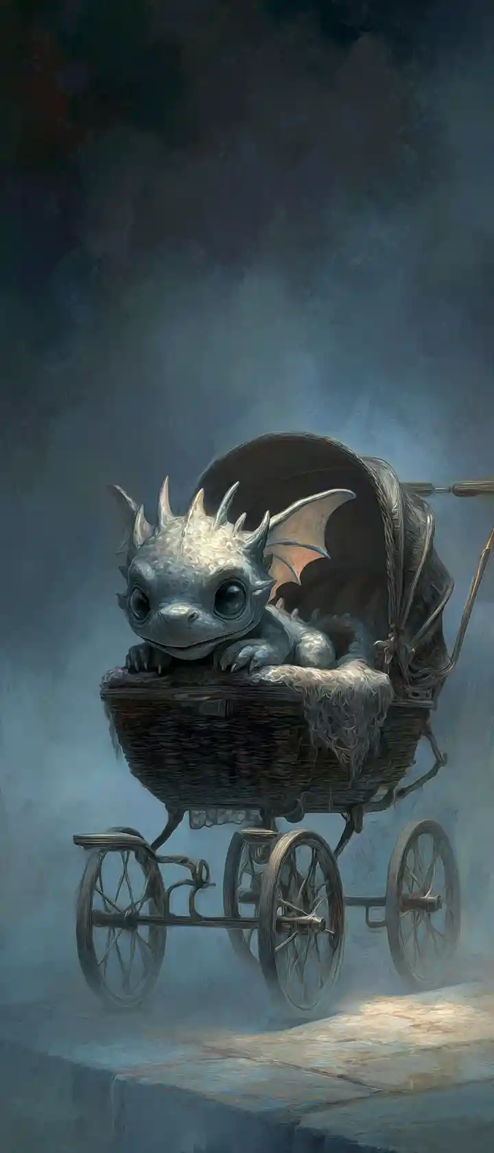 Melancholic baby dragon in a worn victorian pram