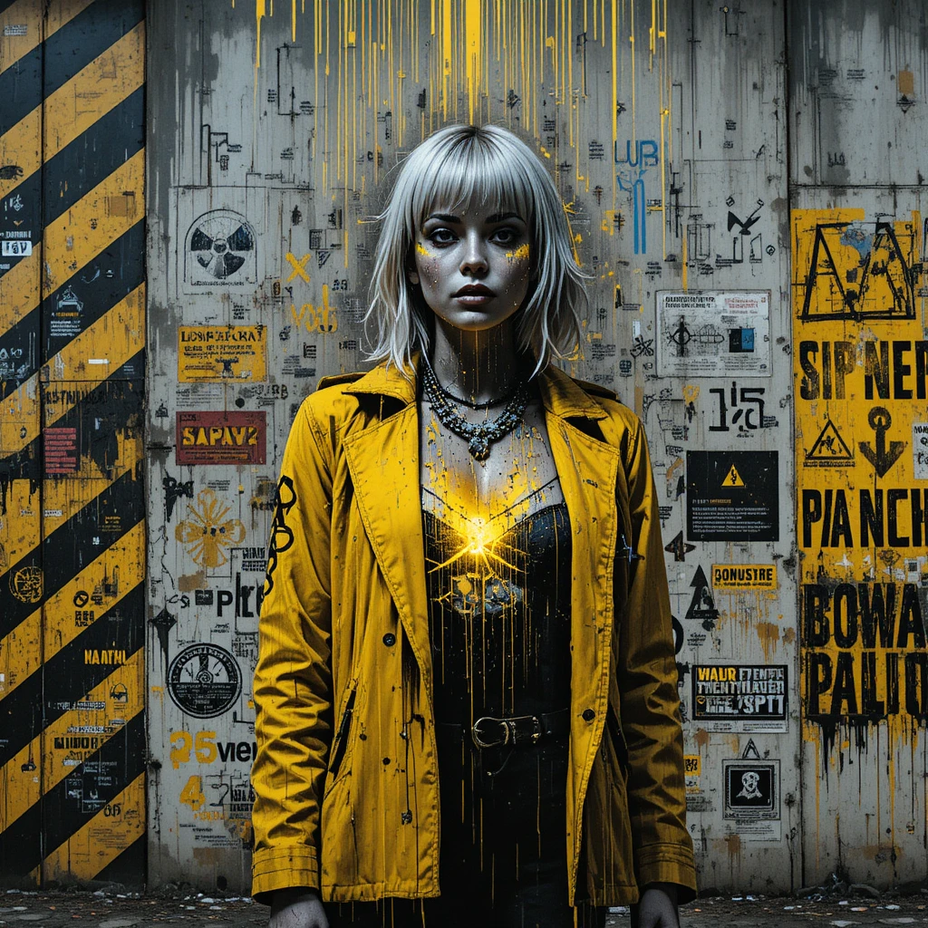 Neon drenched street art woman before nuclear security wall