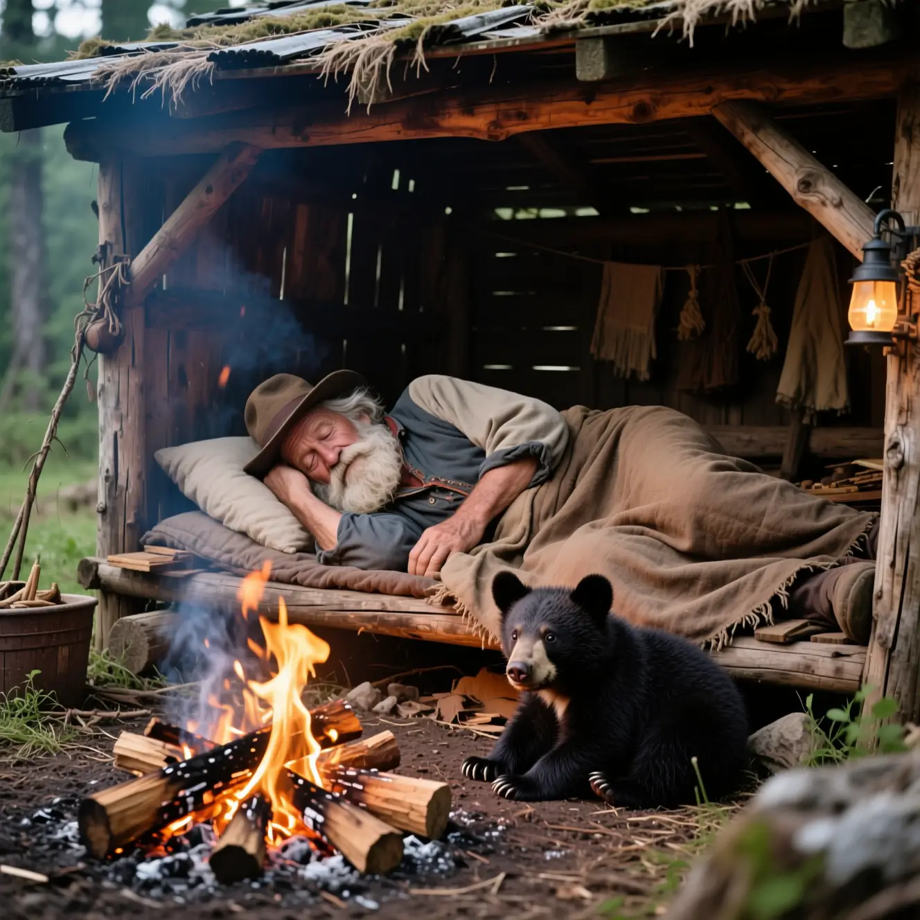 Old camper sleeping by fire with baby black bear