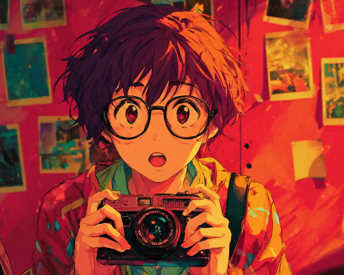 Curious anime boy examining a vintage camera up close