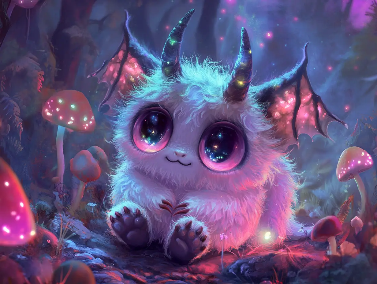 Cute cryptid creature in neon mushroom fantasy forest