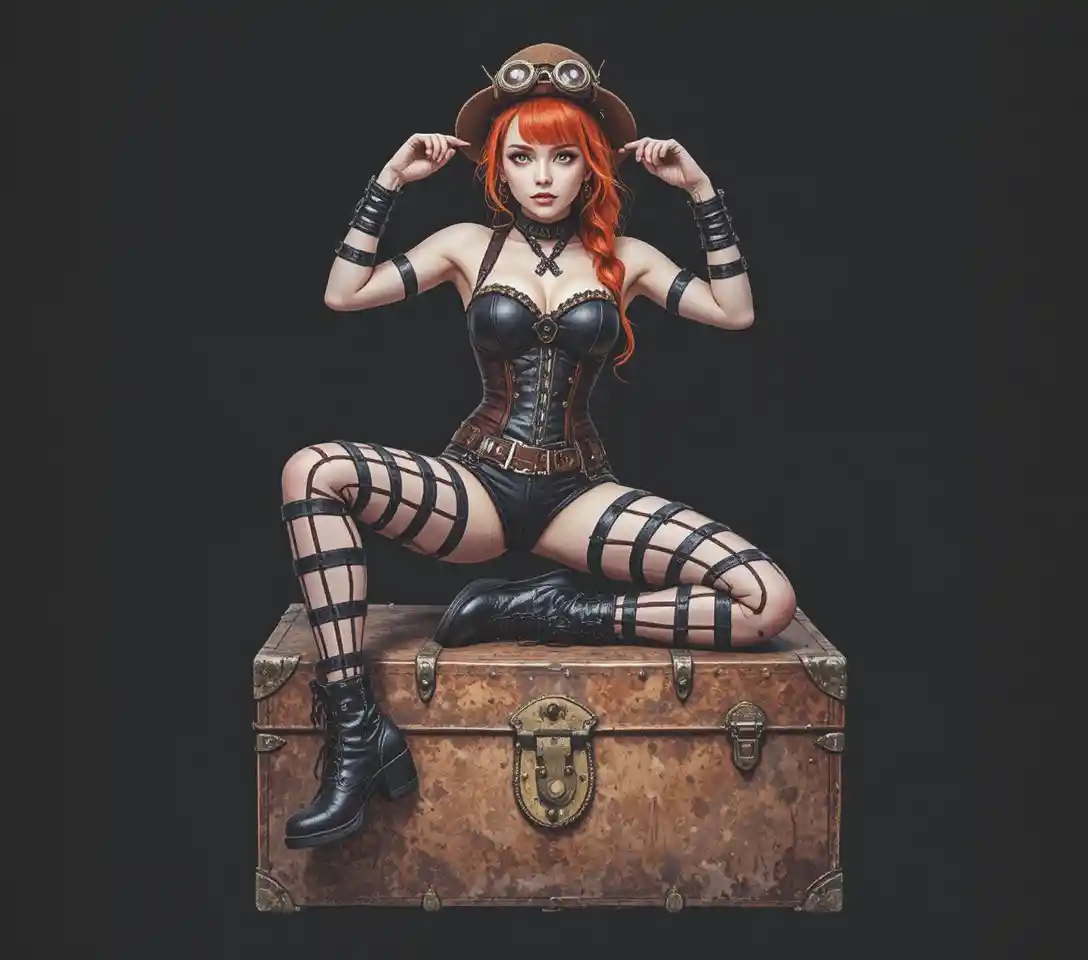 Steampunk redhead woman posing on a brown trunk