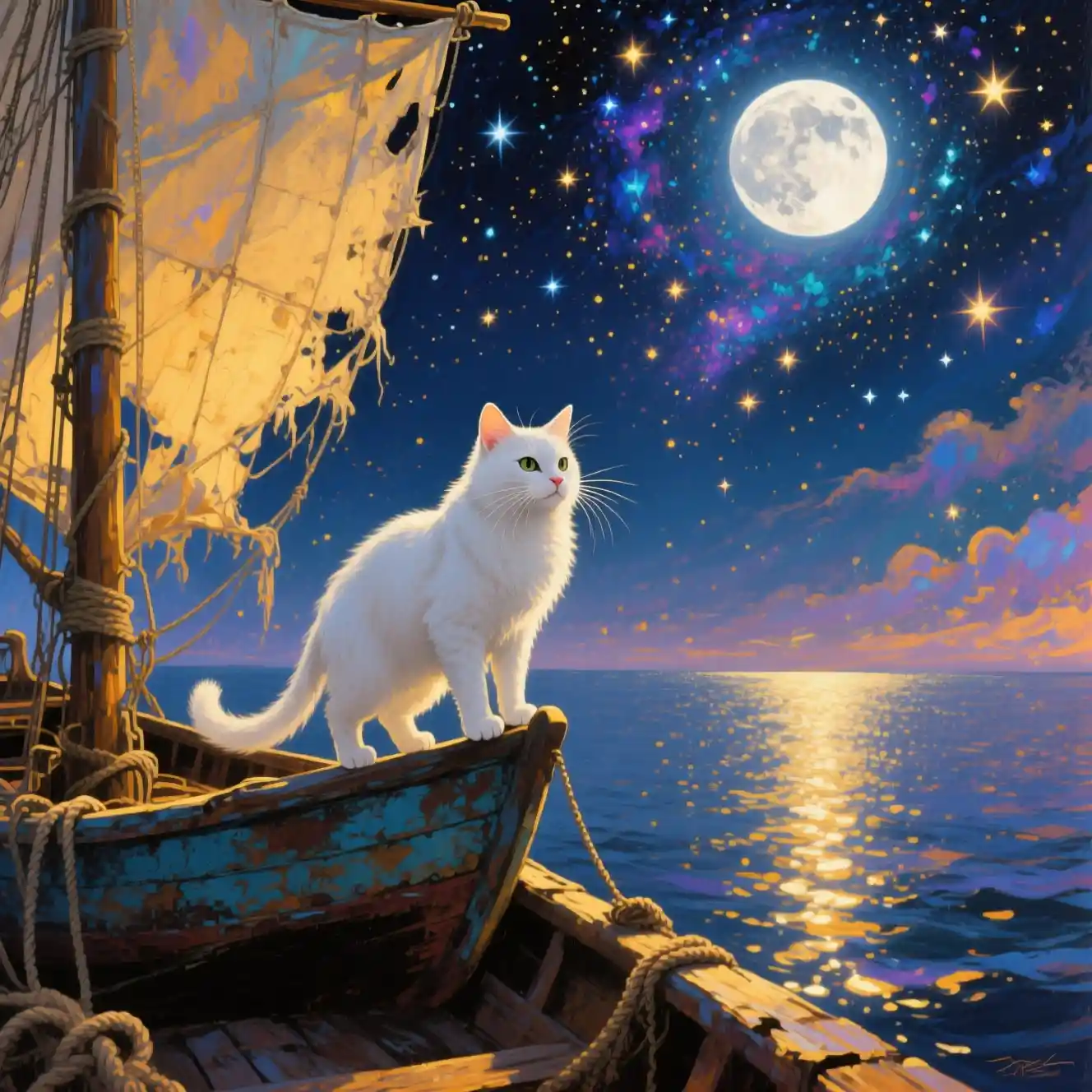 White cat on a weathered boat under a starry moonlit sky