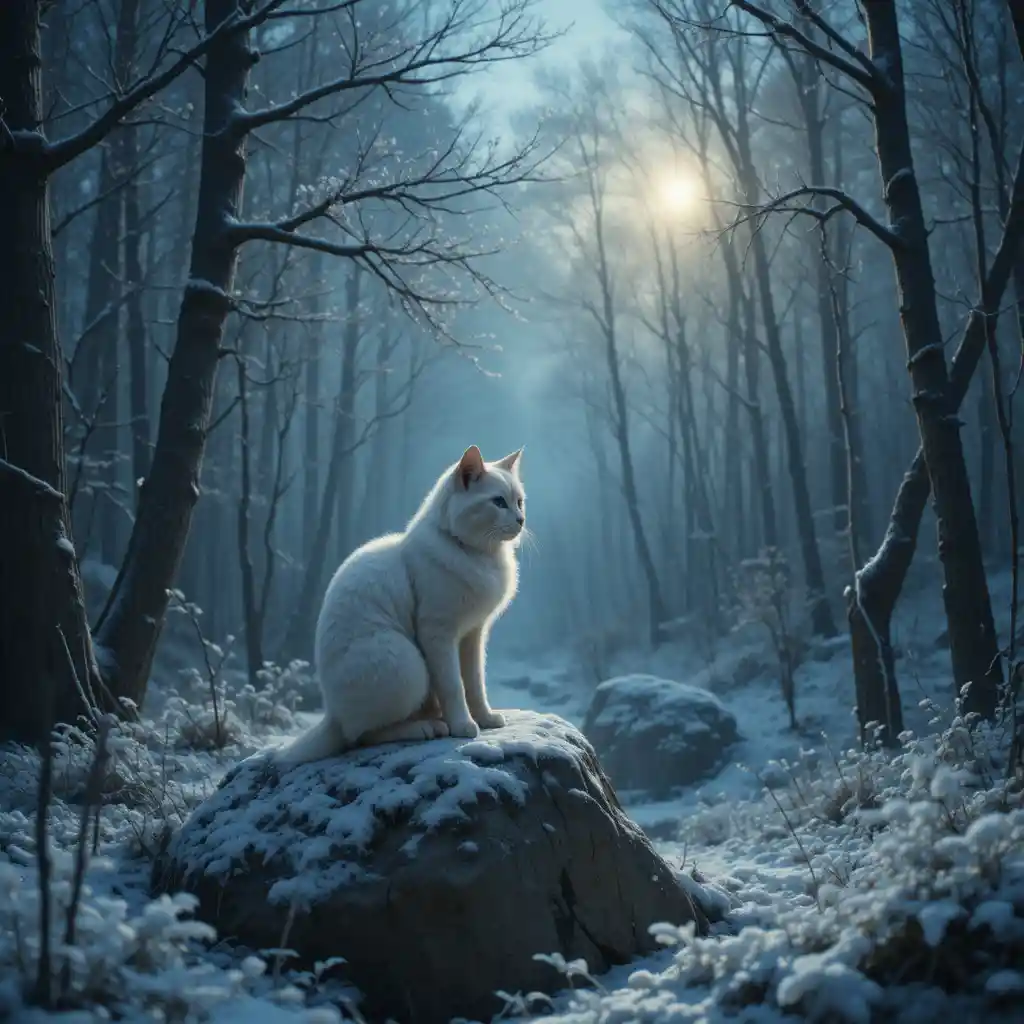 White owl on a fir tree in a moonlit winter forest night