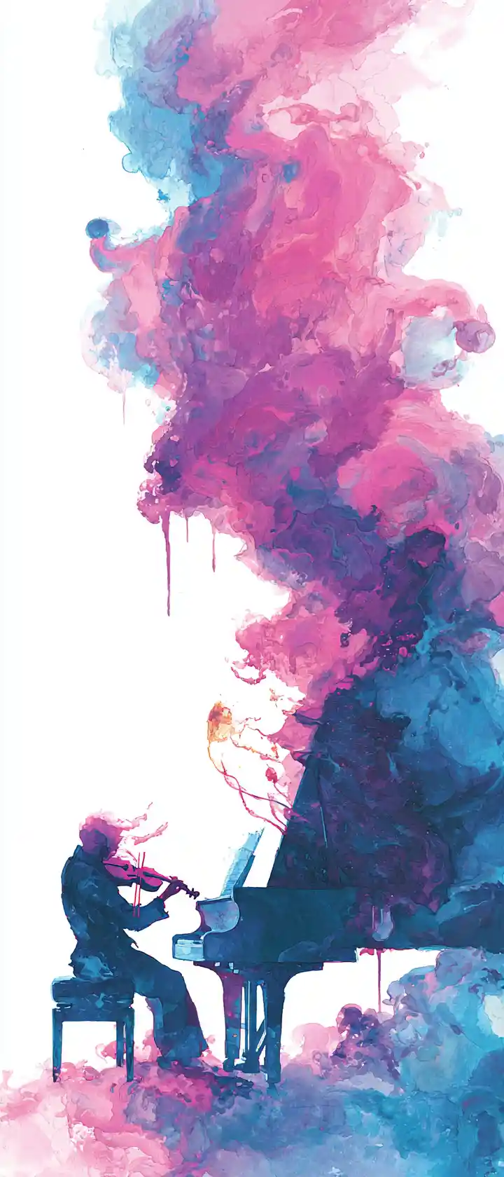 Pianist hands with watercolor explosion forming violinist