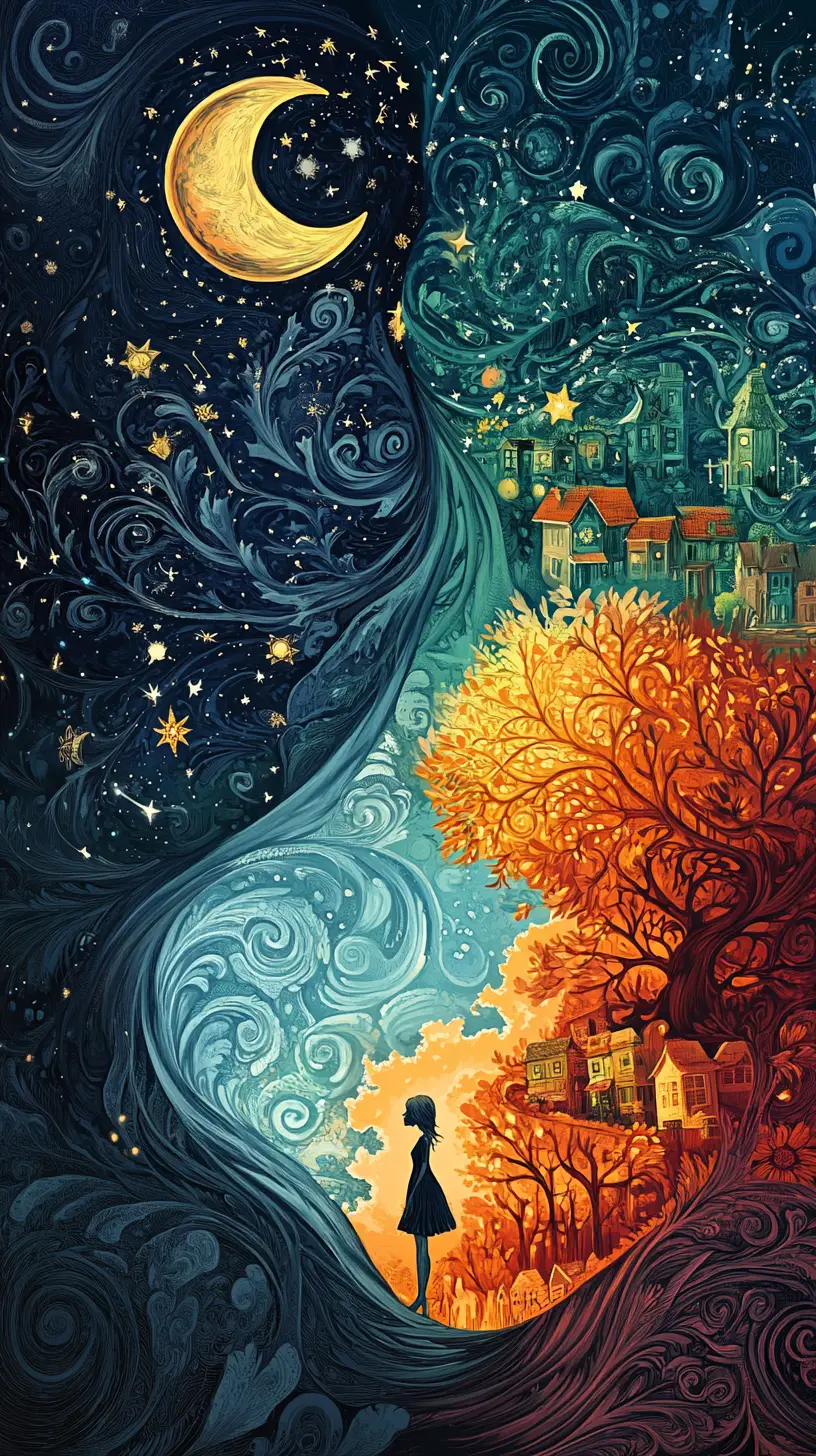 Magical diptych of swirling hot and cold fantasy landscape