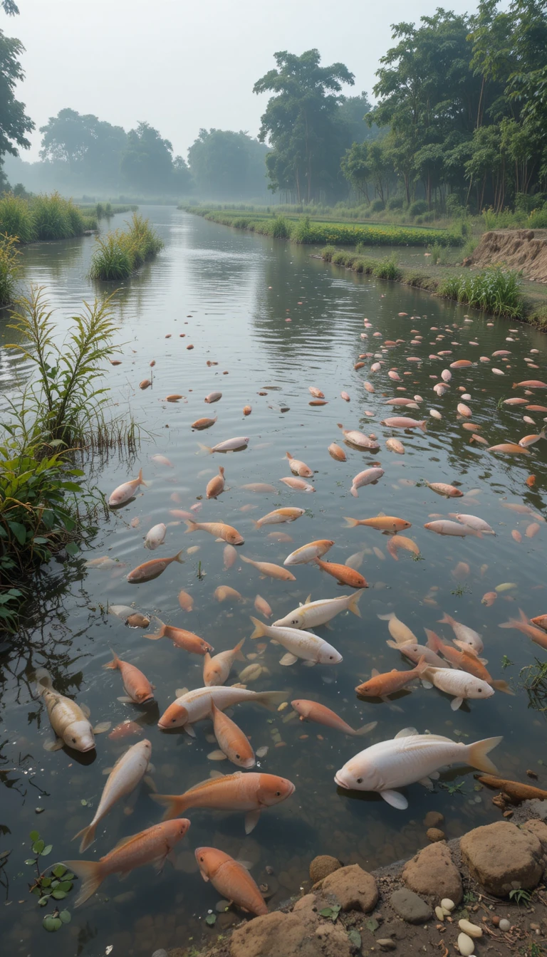 Granja piscícola rural india al amanecer tranquilo