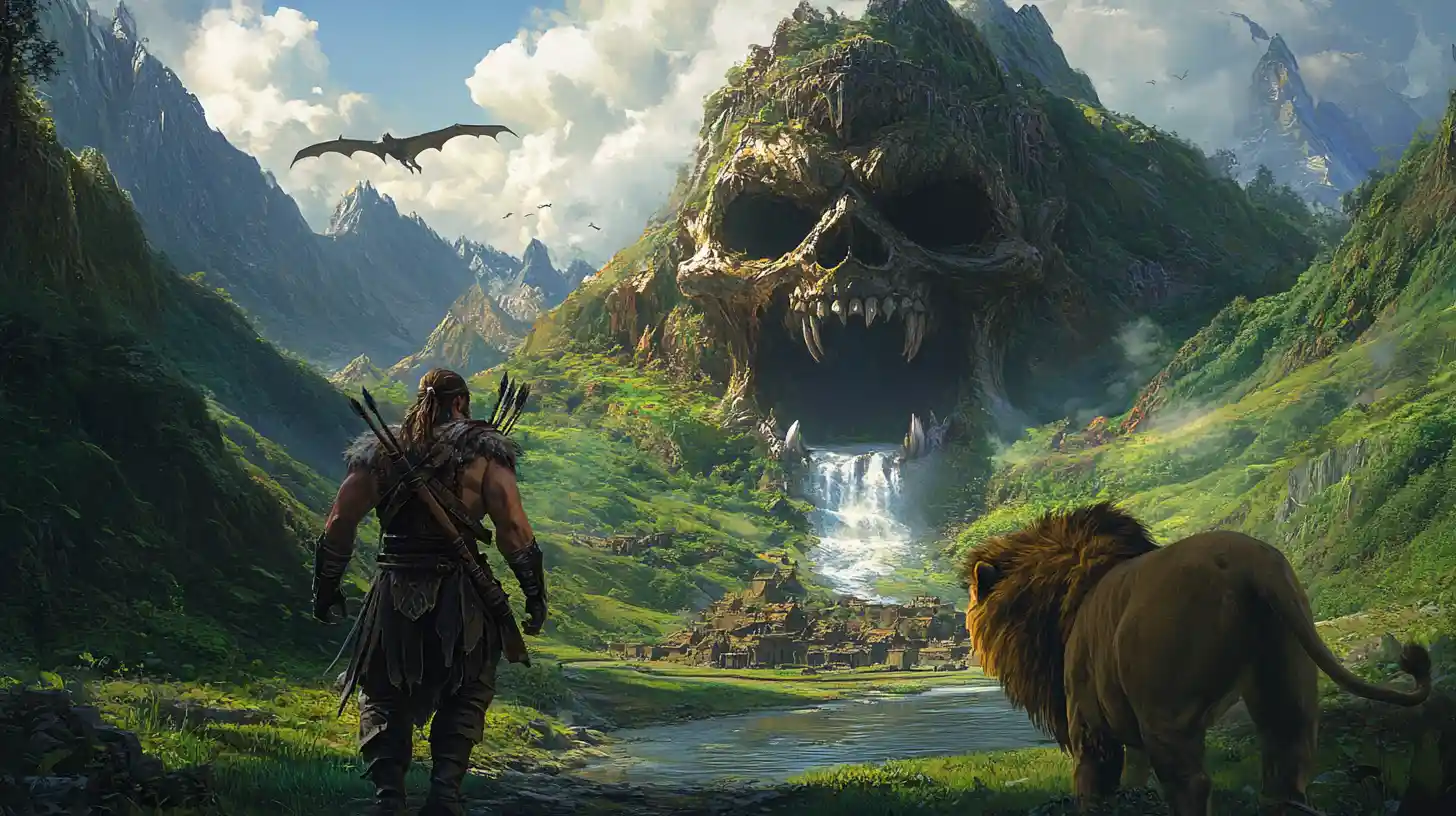 Barbarian And Lion Entering A Lush Jungle Valley