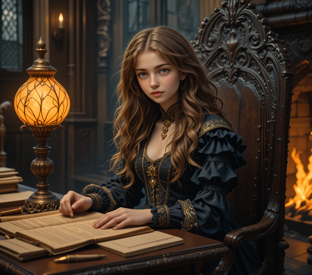 Young woman in gothic study with glowing flower lamp
