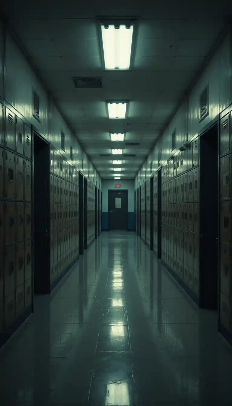 Empty school hallway at night with glowing fluorescent lights