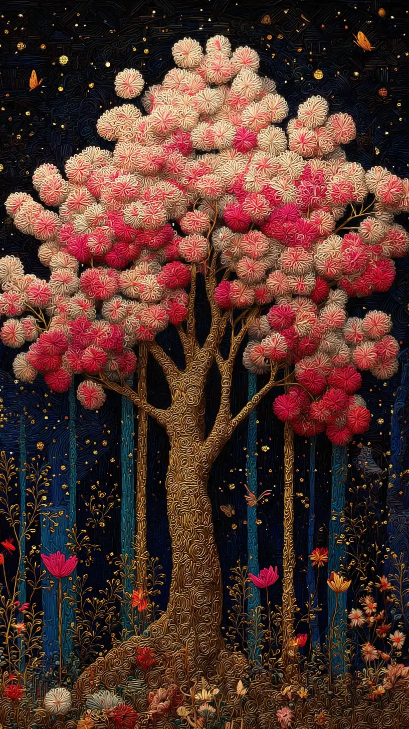Knitted cherry blossoms glowing on a tree in enchanted forest