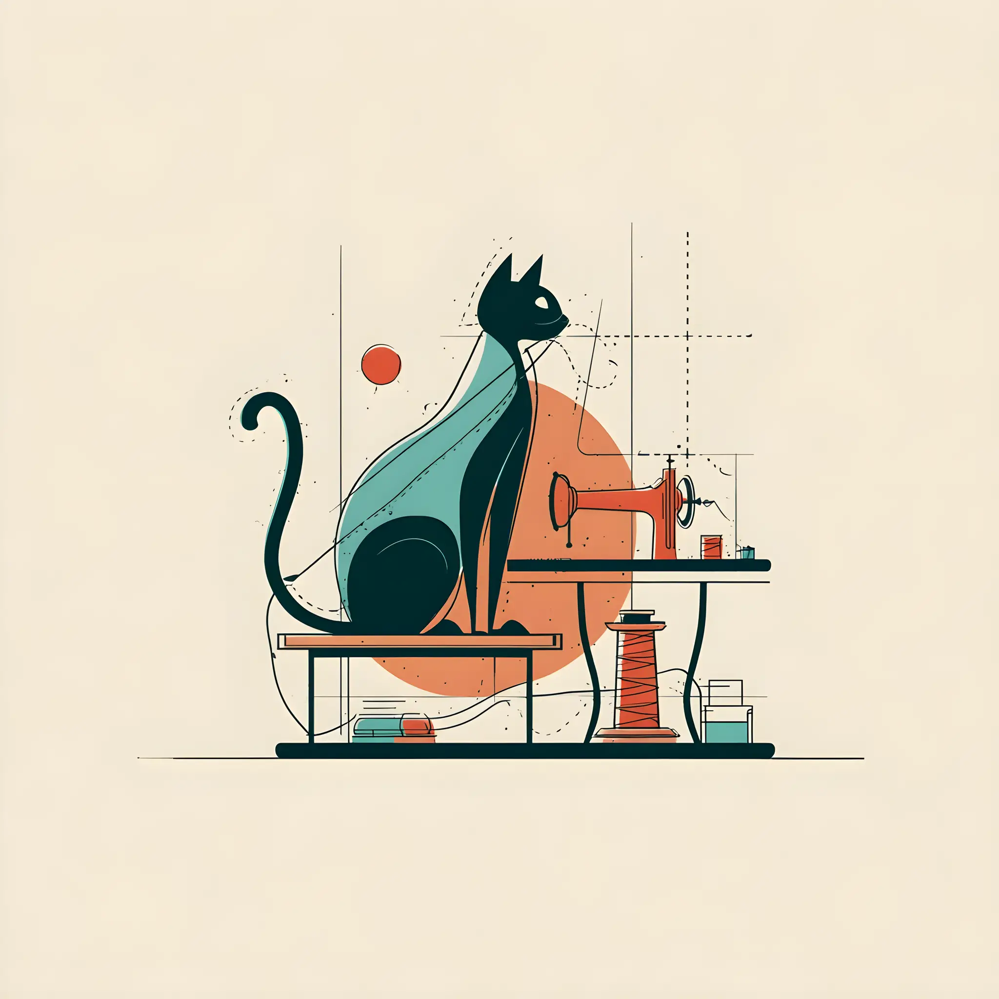 Mid century modern tailor logo with sewing cat illustration