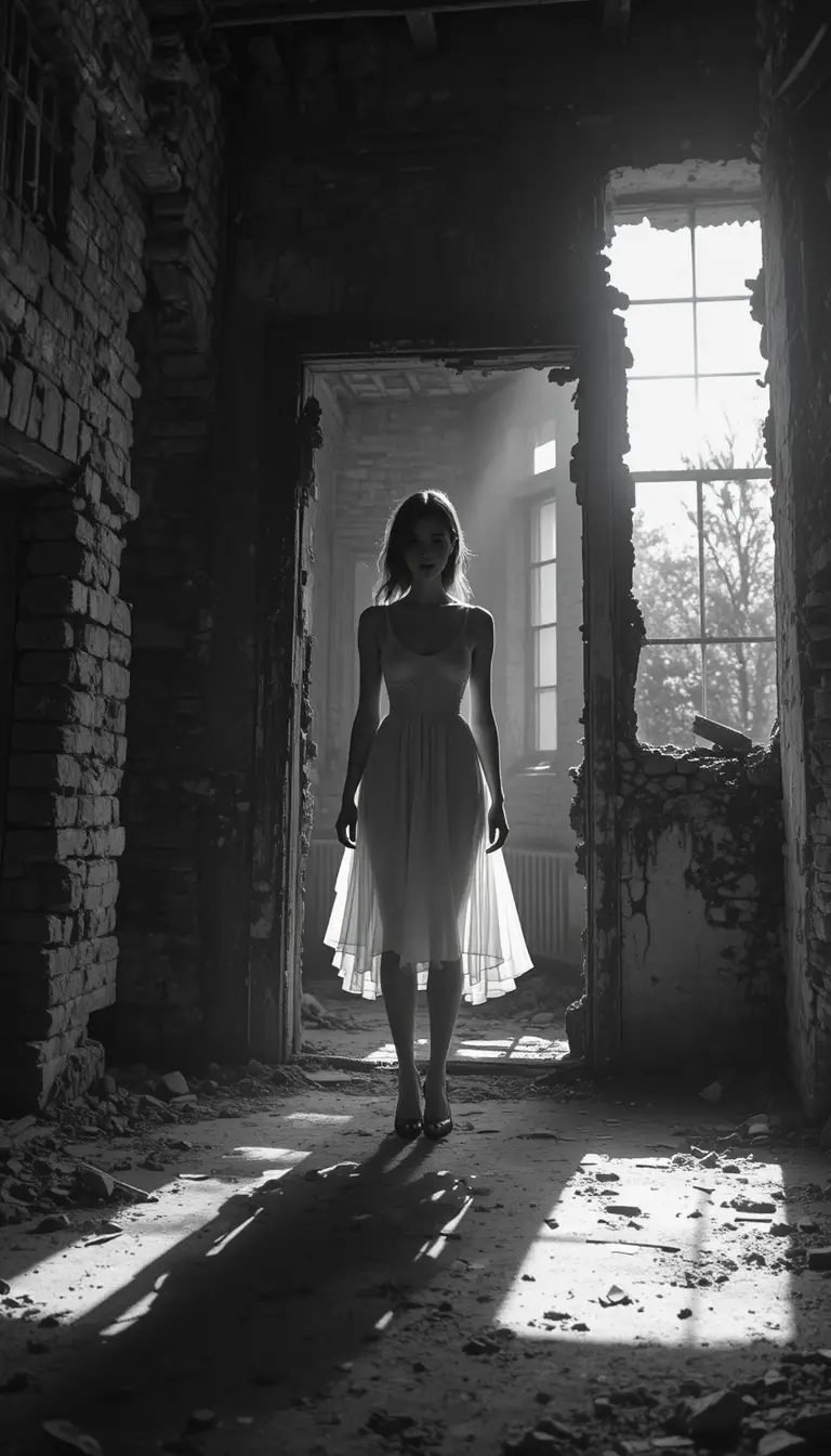 Silhouetted woman in doorway of ruined brick building