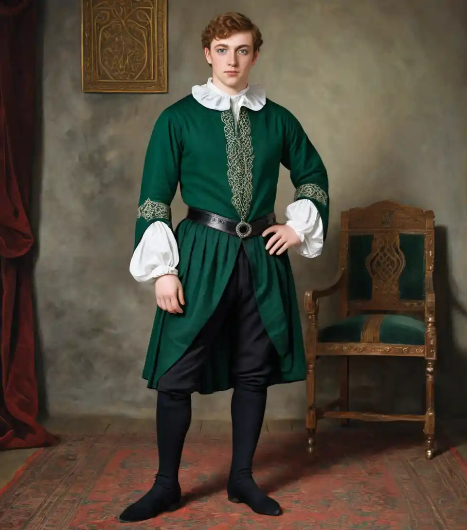 Giovane lord scozzese in abito rinascimentale verde smeraldo