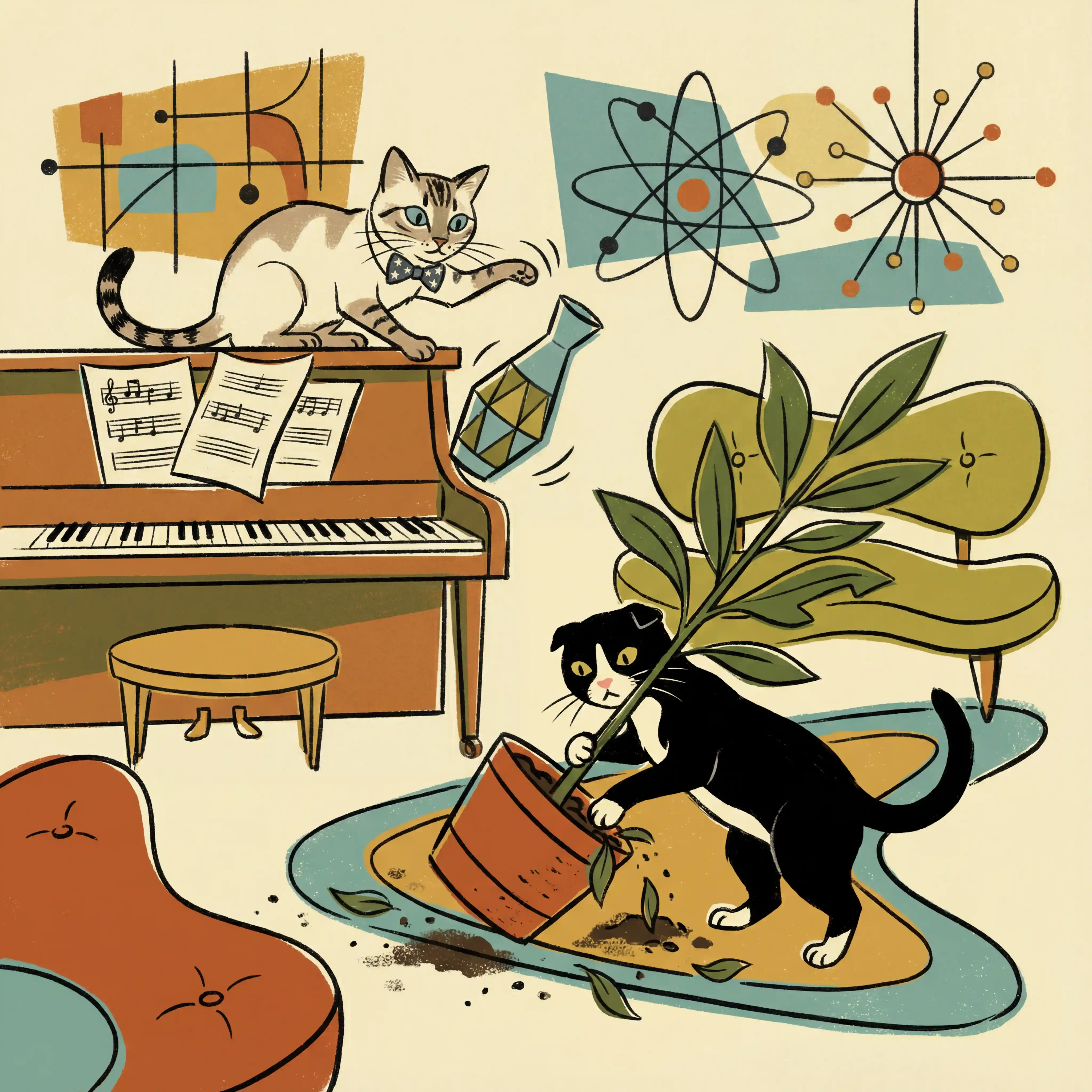Mid century modern illustration of misbehaving cats