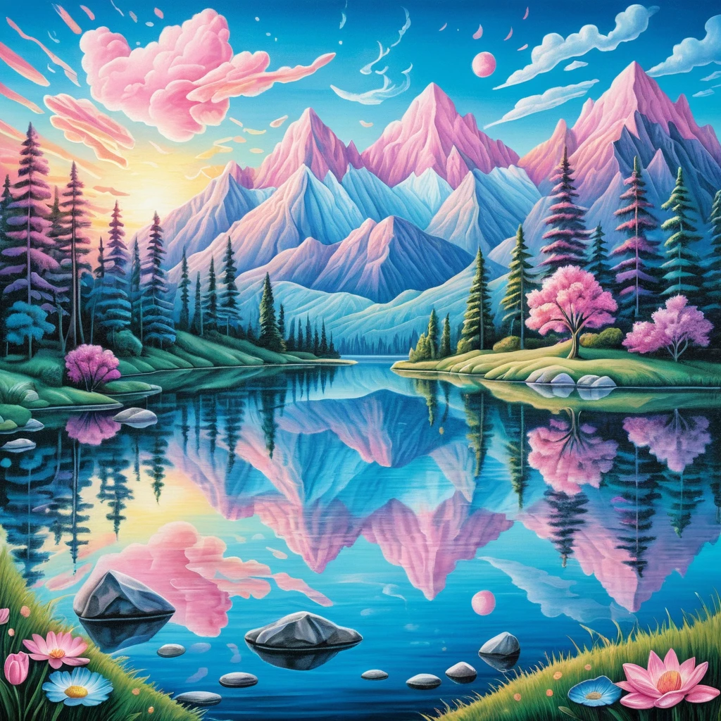 Surreal summer mountains and lake at pastel sunrise