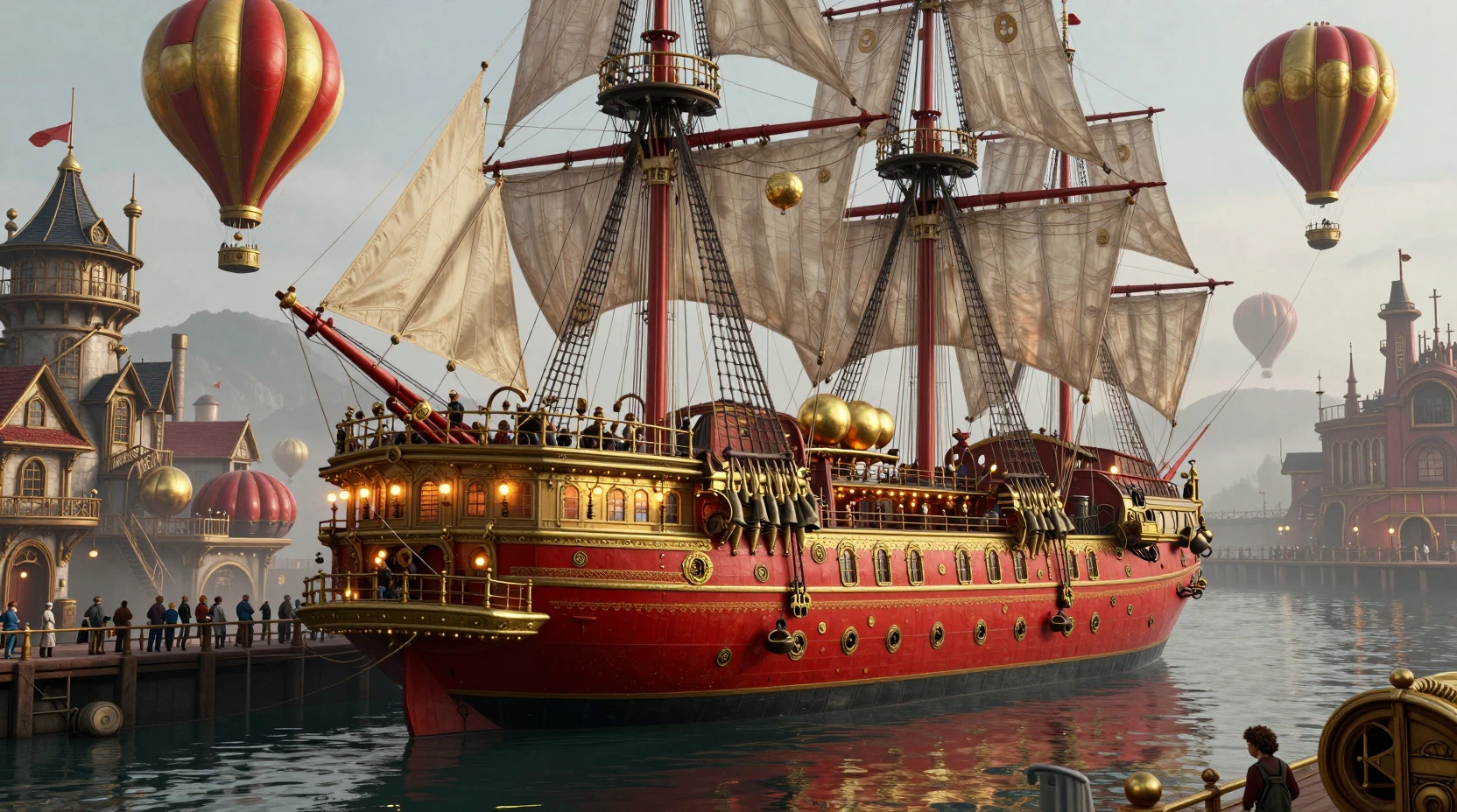 Steampunk airship docking at a misty victorian harbor