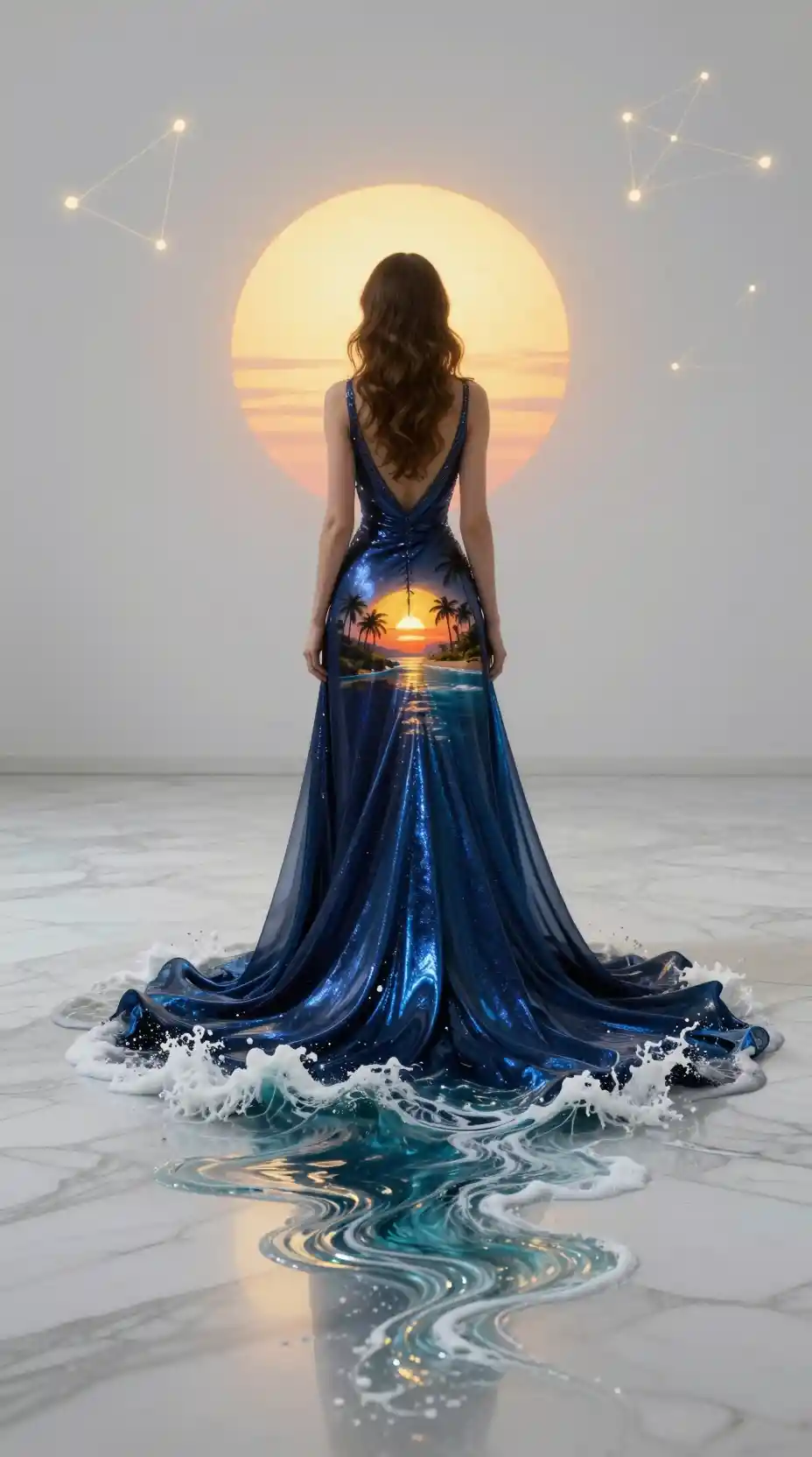 Woman In Ocean Gown At Golden Hour In Surreal Gallery